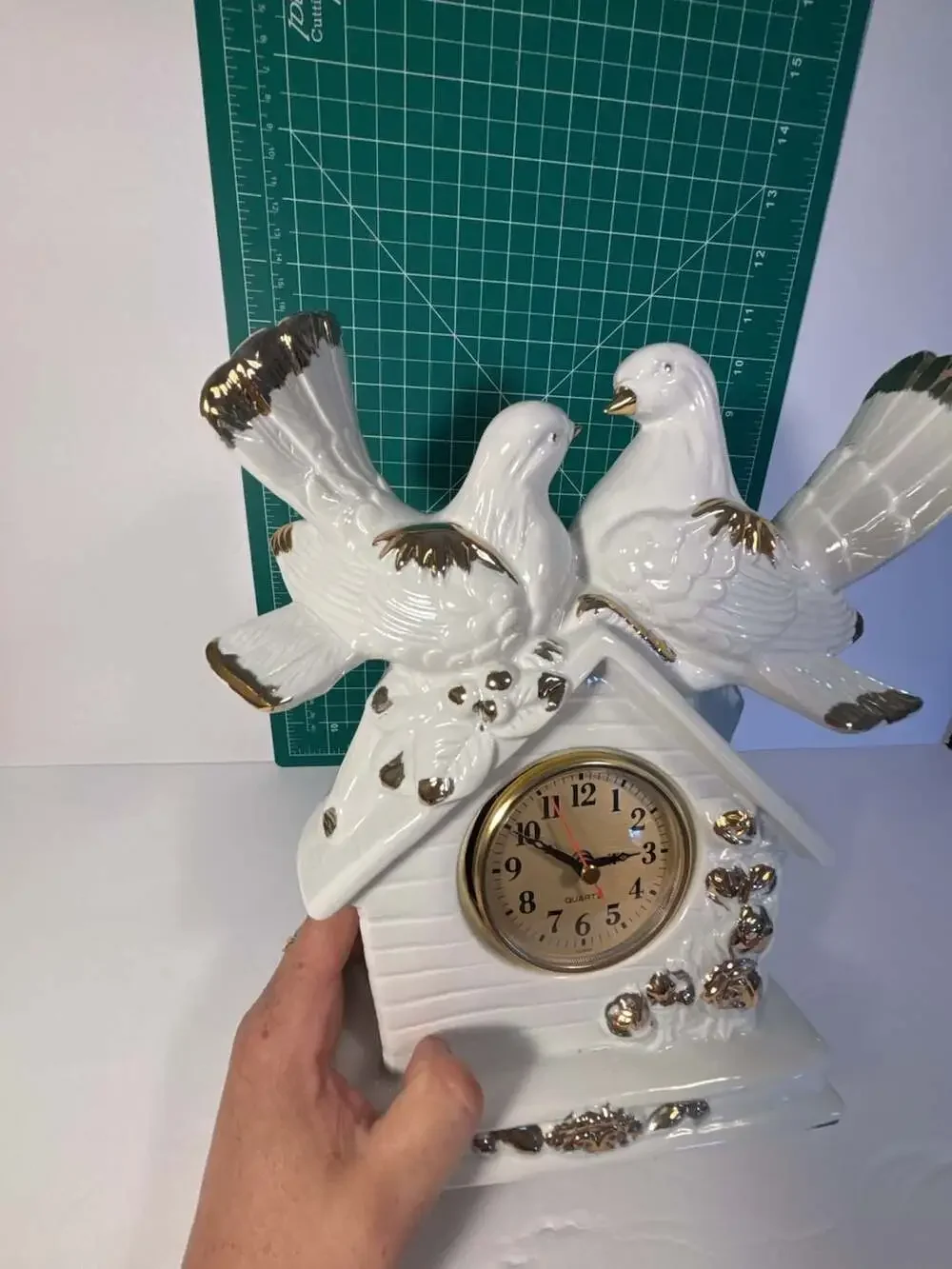 Vintage Eleco White Ceramic Mantel Clock with Love Birds Doves and Gold Trim